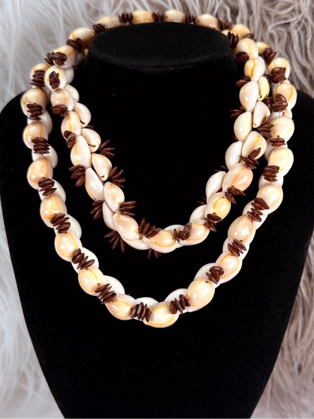 Bohemian Cowrie Shell Brown Seed Bead Long Lei Necklace Island Resort